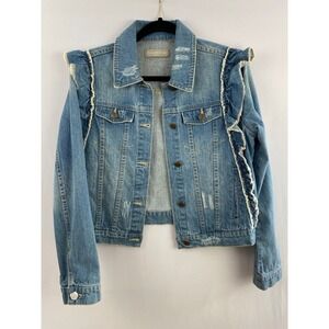 Bagatelle Distressed Ruffle Trim Denim Jacket Womens Small Blue Boho Cottagecore